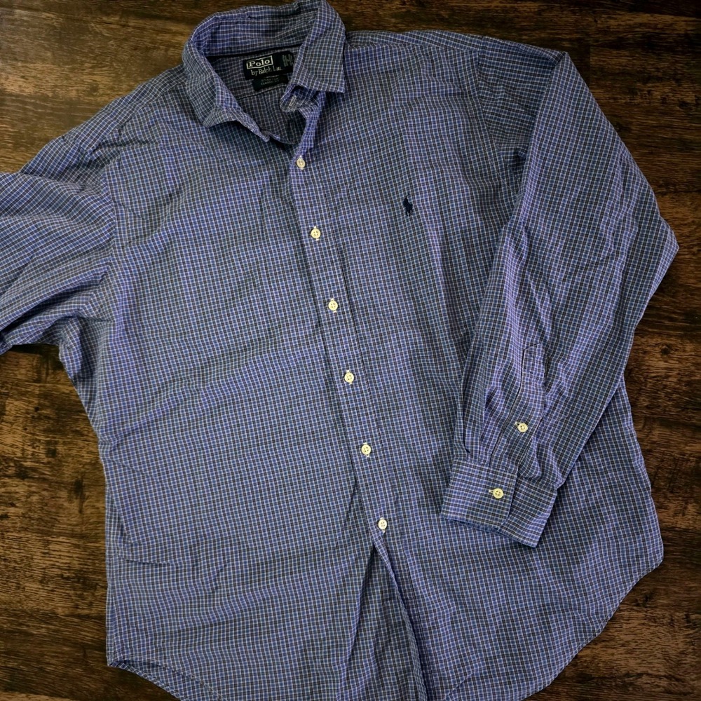 POLO RALPH LAUREN Button Down Shirt Mens XL Blue Excellent Stanton Plaid Cotton